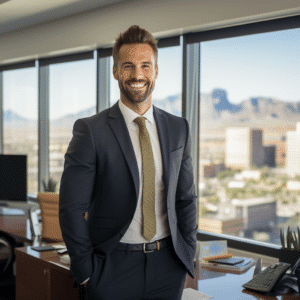 Lawyer smiling in las vegas office | Nevada Rideshare injury attorneys