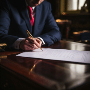 man signing paperwork on desk