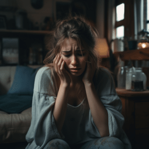 woman crying in her home