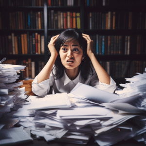 Woman stressed by paperwork