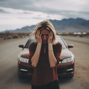 woman upset in front of car