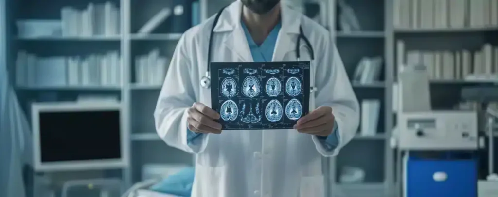 A man holding brain scans