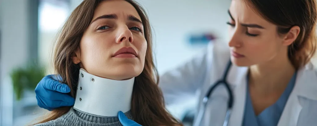 Una mujer con un collarín cervical. Diagnóstico de latigazo cervical.